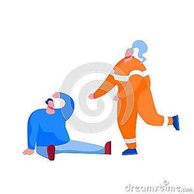 Rescuer Female Character Wearing Orange Uniform Running to Help Injured Man Sitting on Ground Vector Illustration