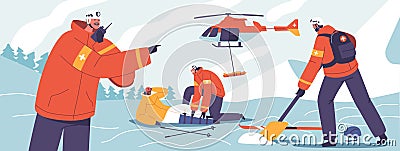 Rescuers Characters Airlift An Injured Skier From The Rugged Mountain Terrain, A Helicopter Descent Offering Hope Vector Illustration