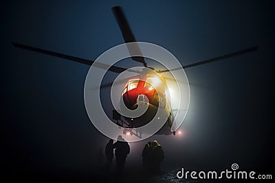 Rescuers landed by helicopter to search for people lost in the foggy forest generative ai Stock Photo