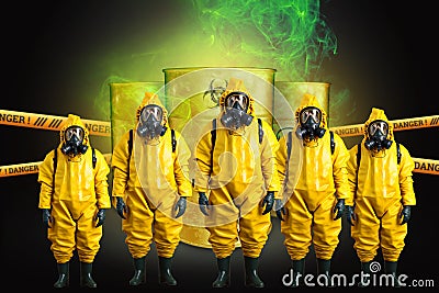 Rescuers in a radiation protection suit against the background of barrels of radioactive waste. The concept of nature protection, Stock Photo