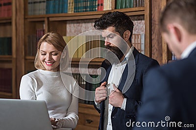 Research concept. Business people use computer technologies for making research. University students work on research in Stock Photo