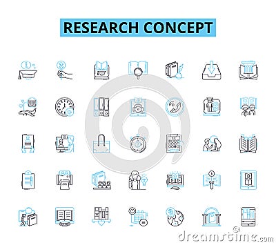 Research concept linear icons set. Experimentation, Methodology, Hypothesis, Data, Analysis, Statistics, Survey line Vector Illustration