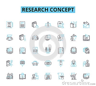 Research concept linear icons set. Experimentation, Methodology, Hypothesis, Data, Analysis, Statistics, Survey line Vector Illustration