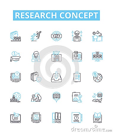 Research concept vector line icons set. Analysis, Survey, Experiment, Modeling, Sampling, Theory, Hypothesis Vector Illustration