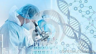 Scientist or reseacher using microscope in biotechnology laboratory overlay with DNA strand and molecules symbo; . concept of DNA Stock Photo