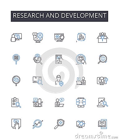 Research and development line icons collection. Contemplate, Meditate, Ruminate, Pensive, Pondering, Reflective Vector Illustration