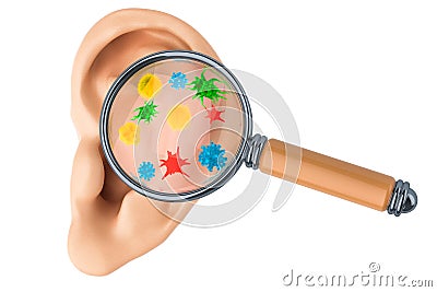 Research and diagnosis of ear diseases concept. Human ear with viruses and bacterias under magnifying glass, 3D rendering Stock Photo