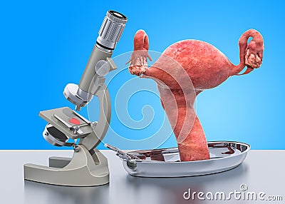 Research and diagnostics of uterus disease concept. Laboratory microscope with female uterus, 3D rendering Stock Photo