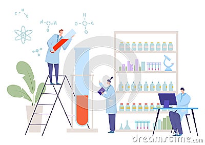 Research fellow people together work laboratory, tiny character scientific employee flat vector illustration, isolated Vector Illustration