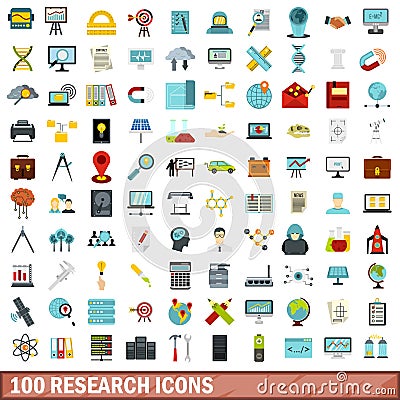 100 research icons set, flat style Vector Illustration