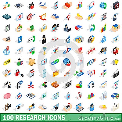 100 research icons set, isometric 3d style Vector Illustration