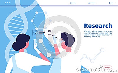 Research lab landing. Researchers scientists test dna in chemical laboratory. Pharmaceutical biochemistry vector concept Vector Illustration