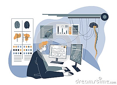 Research in laboratory, doctor looking at scans Vector Illustration