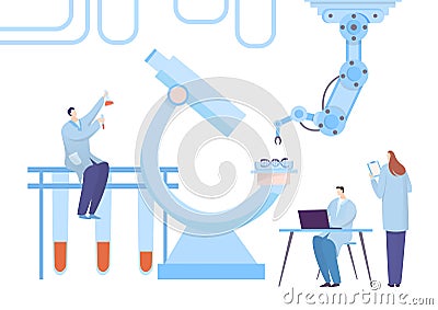 Research laboratory workplace, tiny professional character research scientist specialist worker flat vector illustration Vector Illustration