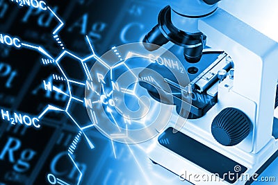 Research microscope with molecule structural formula and periodic table of the elements - research or science concept Stock Photo