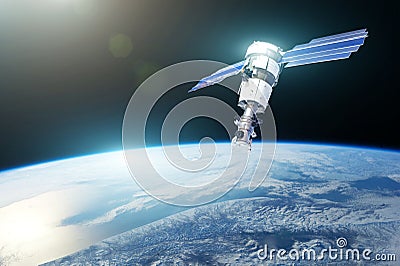 Research, probing, monitoring of in atmosphere. Communications satellite in orbit above the surface of the planet Earth. Elements Stock Photo