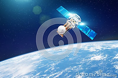 Research, probing, monitoring of in atmosphere. Communications satellite in orbit above the surface of the planet Earth. Elements Stock Photo