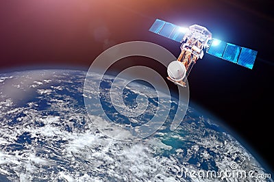 Research, probing, monitoring of in atmosphere. Satellite above the Earth makes measurements of the weather parameters. Elements o Stock Photo