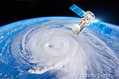 Research, probing, monitoring hurricane Florence. Satellite above the Earth makes measurements of the weather parameters. Elements Stock Photo