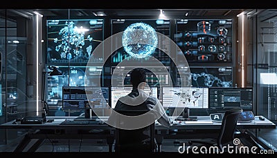 Researcher and AI Visualizing Complex Data in High-Tech Workspace AIG60 Stock Photo