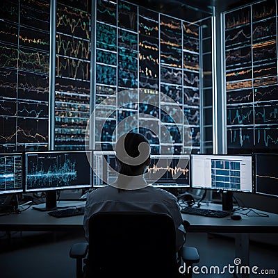 Researcher Observing Particle Collisions with Simulations in an Advanced Physics Lab Stock Photo