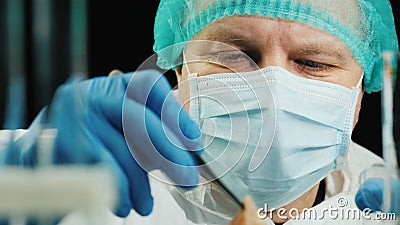 The researcher studies the images of food in the laboratory. Food quality control Stock Photo