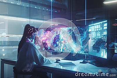 Researcher and AI Visualizing Complex Data in High-Tech Workspace AIG60 Stock Photo