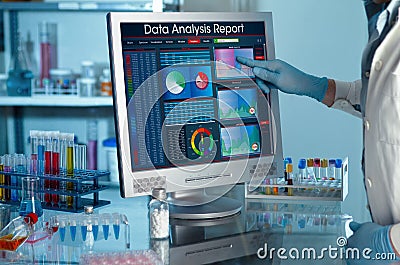 Researcher touching the screen of report research data Stock Photo