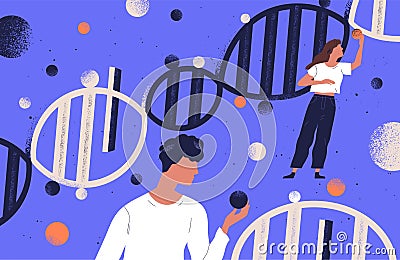 Researchers holding DNA molecules flat vector illustration. Man and women study genetic engineering cartoon characters Vector Illustration