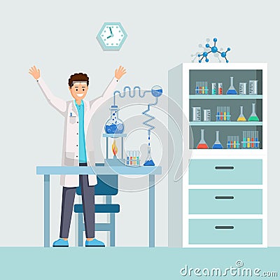 Researchers success flat vector illustration. Happy scientist, chemist excited about successful experiment. Cartoon Vector Illustration
