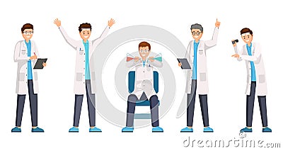 Researches flat vector characters set. Happy researchers wearing white coats cartoon characters. Cheerful lab workers Vector Illustration