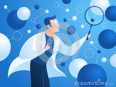 Researching scientist. Doctor in lab coat checks neural structure artificial neurons. Innovation scientific research Vector Illustration