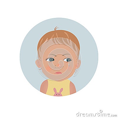 Resentful child emoticon. Cute offended baby emoji. Discontent toddler smiley expression. Vector Illustration