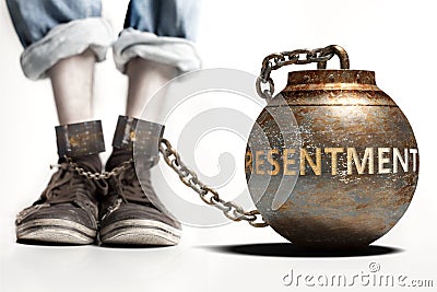Resentment can be a big weight and a burden with negative influence - Resentment role and impact symbolized by a heavy prisoner`s Cartoon Illustration