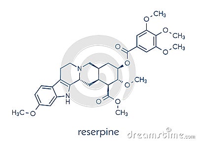 Reserpine alkaloid molecule. Isolated from Rauwolfia serpentina Indian snakeroot. Skeletal formula. Vector Illustration