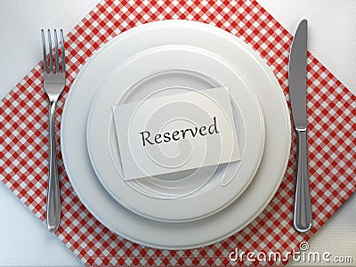 Reserved card on a restaurant table setting. Top view. Mock up. Cartoon Illustration