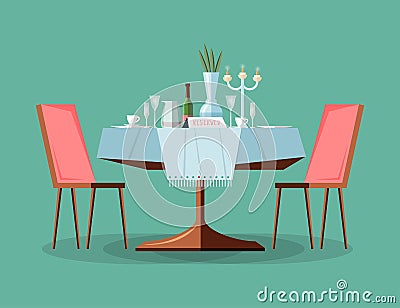 Reserved modern restaurant table with tablecloth, candles in candlestick, plant, wineglasses, reservation tabletop sign Vector Illustration