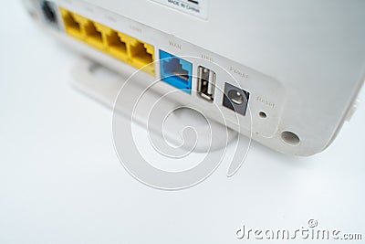 Reset, power, usb and wan inputs of the modem device Stock Photo