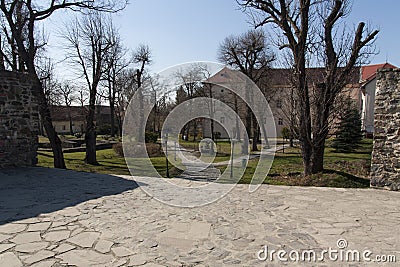 Residence of the nobility of the Middle Ages and the outer court photo of the medieval castle of Uzhhorod, Ungvar, in Ukraine Stock Photo