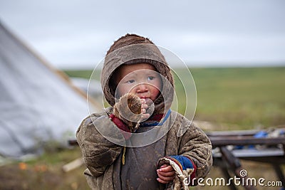 A resident of the tundra, The extreme north, the pasture of Nenets people, children on vacation playing near reindeer pasture Stock Photo