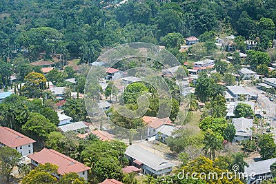 Residential area aerial - houses, trees and gardens Stock Photo