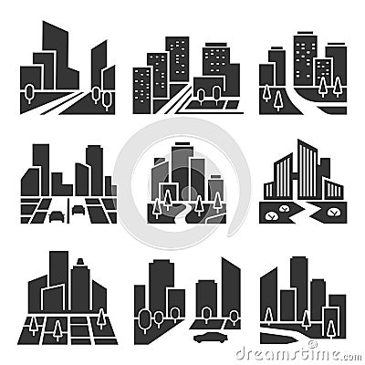 Residential area, housing estate silhouette icons set isolated on white. Cityscape, town. Vector Illustration