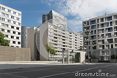 Residential area in Vienna International Center. Modern hi-tech buildings and tidy streets under morning sun. Editorial Stock Photo