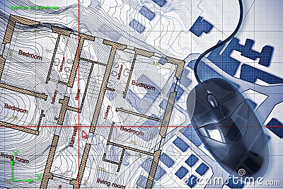 Residential building over an imaginary cadastral map of territory drawn with a CAD Computer-Aided-Design computer software in Stock Photo