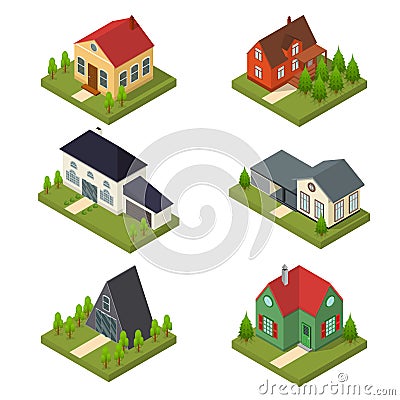 Residential Building Set Isometric View. Vector Vector Illustration