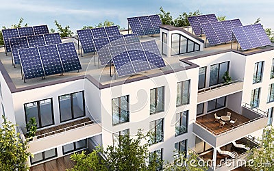 Residential building with solar panels on the roof Stock Photo