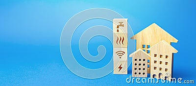 Residential buildings and blocks with communal services symbols. Utilities public service. Price, payment methods, subsidies Stock Photo