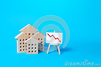 Residential buildings and down arrow graph on easel. Low property value, low price. Real estate market fall. Lower mortgage Stock Photo