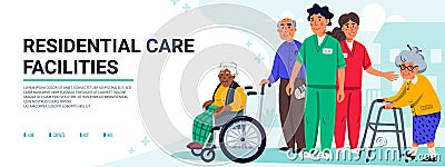 Residential care facilities concept. Group of elderly people and social workers. Horizontal banner or cover. Senior Vector Illustration