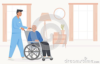 Residential care facility. A caretaker with old man on wheelchair. A bedroom in nursing home, retirement home. Scene of Vector Illustration